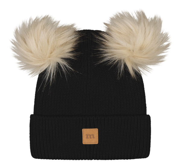 Metsola COTTON KNIT DOUBLE FUR POM BEANIE LICORICE